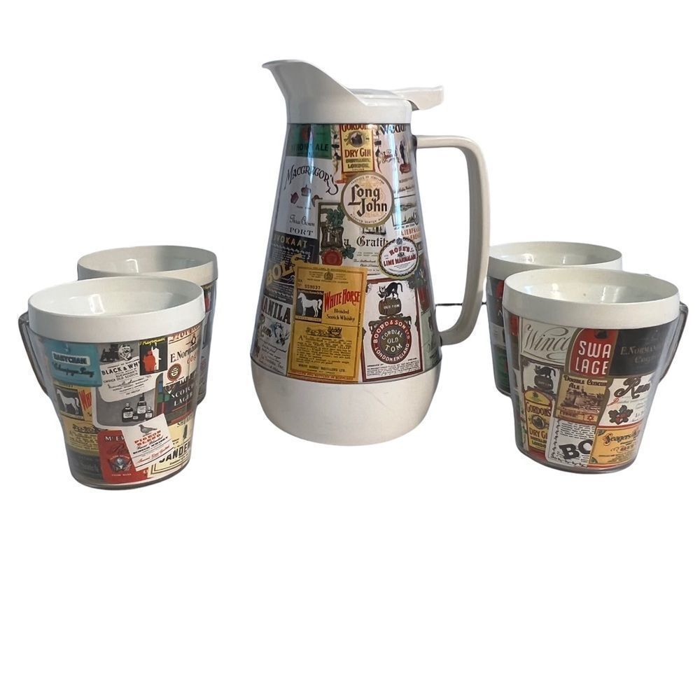 Vintage Coffee Mug and Pitcher Set Thermo Serve 5 Piece White Bar Theme Graphics